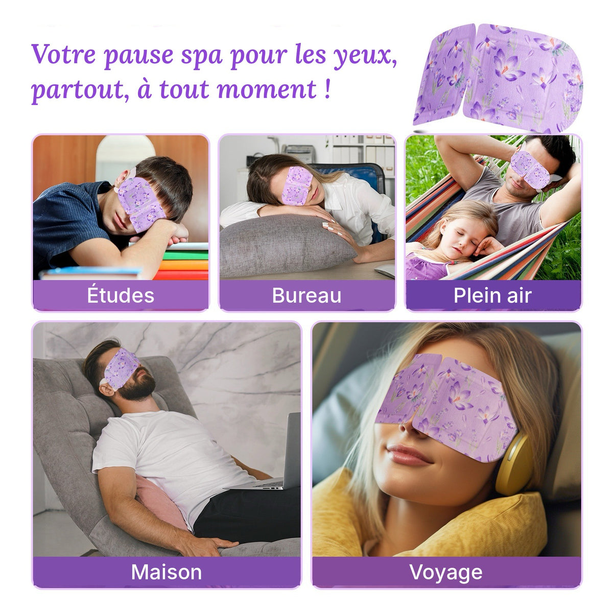 Masque yeux vapeur à utiliser partout : bureau, maison, voyage
