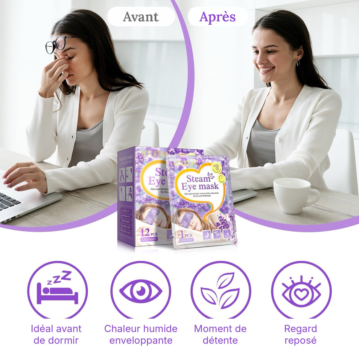 Masque yeux chauffant pour détendre les yeux fatigués après les écrans